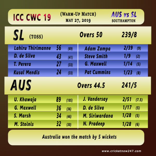 AUS vs SL warm-up match results summary CWC 2019