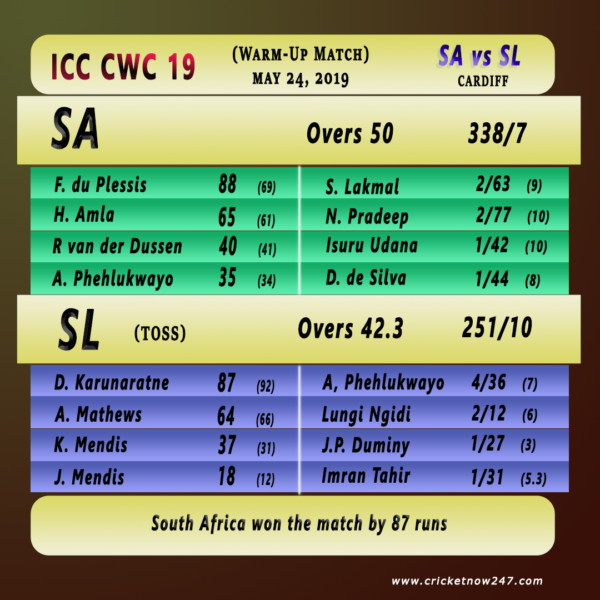 SA vs SL warm-up match results summary CWC 2019