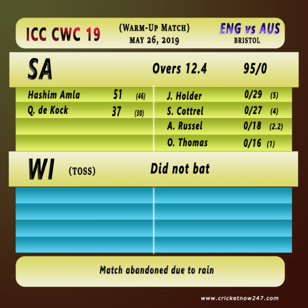 SA vs WI warm-up match results summary CWC 2019