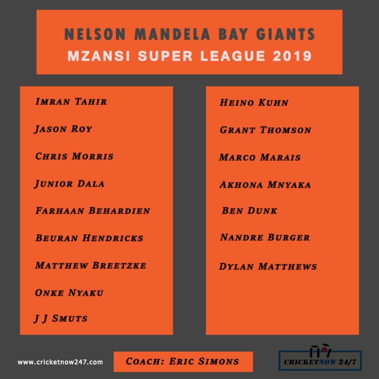 2019 Nelson Madela Bay Giants Squad Mzansi Super League T20