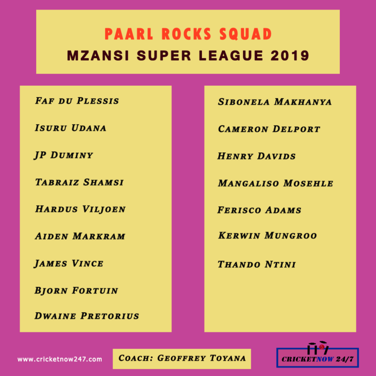 2019 Paarl Rockss Squad Mzansi Super League T20