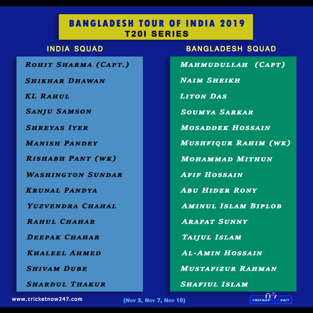 updated 2019 India vs Bangladesh T20I Series Squads