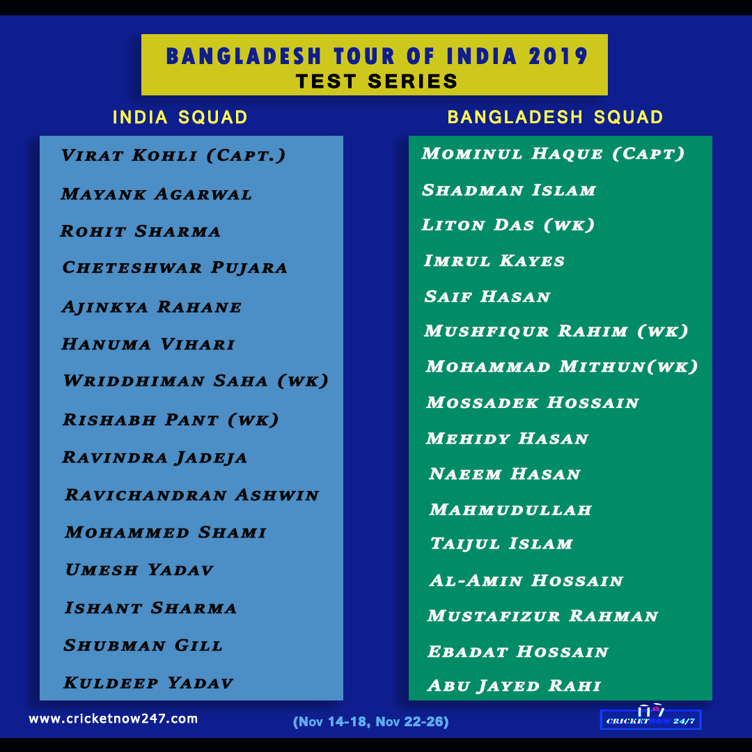 updated 2019 India vs Bangladesh test Series Squads