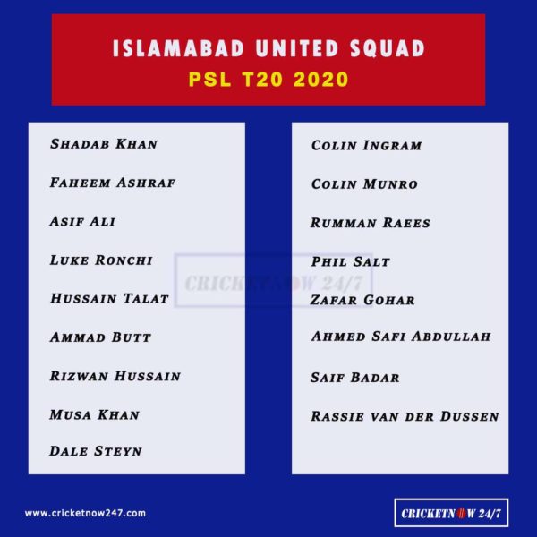 Pakistan Super League PSL 2020 Islamabad United full squad