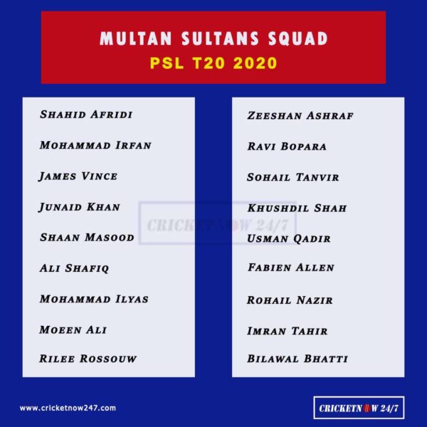 Pakistan Super League PSL 2020 Multan Sultans full squad