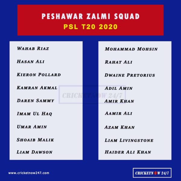 Pakistan Super League PSL 2020 Peshawar Zalmi full squad