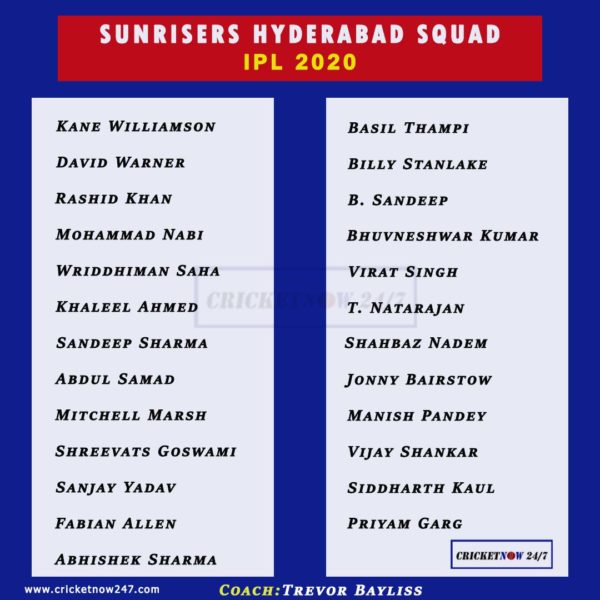 Indian Premier league IPL 2020 Sunrisers Hyderabad full squad full squads and player roles